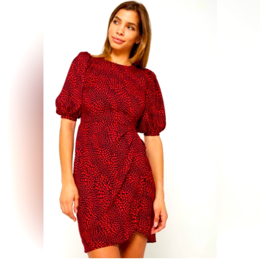 Banana Republic Red & Black Pattern Dress with Puff Sleeves